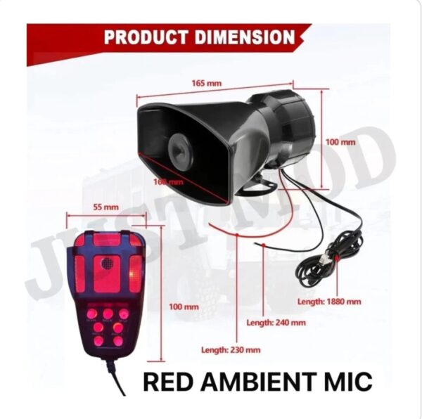 Police Car Horn Siren Hooter 12V 100W 5 Tone Sound Car Siren Vehicle Horn with Red Led Mic Speaker. - Image 2