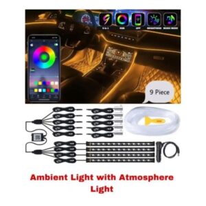Multicolour Car Ambient & Atmosphere Lights – 9pcs with Remote & App Control | Fancy Interior Glow