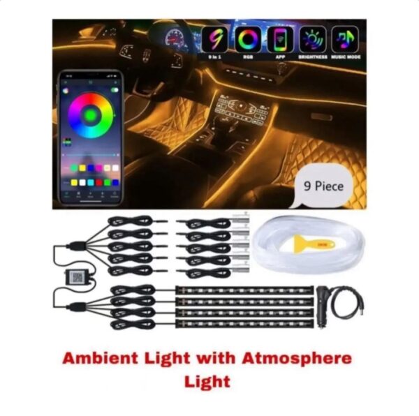 Multicolour Car Ambient & Atmosphere Lights – 9pcs with Remote & App Control | Fancy Interior Glow