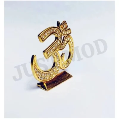 Golden Om Diamond Decorative Showpiece – Premium 6cm Metal Idol for Car Dashboard or Table | (Gold Finish) | JUSTMOD