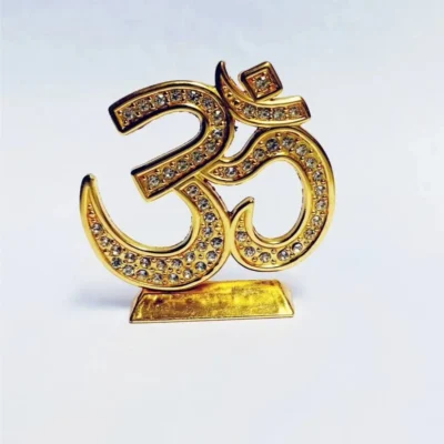 Golden Om Diamond Decorative Showpiece – Premium 6cm Metal Idol for Car Dashboard or Table | (Gold Finish) | JUSTMOD