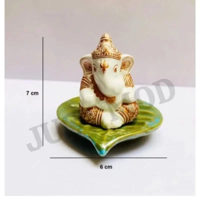 Leaf Ganesh Car Dashboard Showpiece – Premium 7cm Decorative Idol in Marble Finish | (White & Green) | JUSTMOD