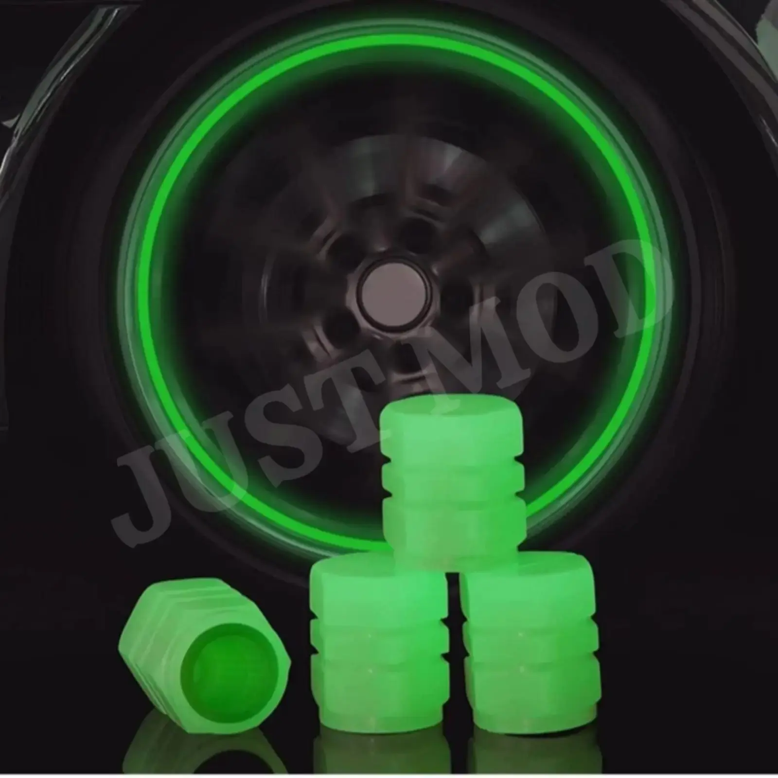 Neon Green Tyre Valve Caps – Premium Glow-in-the-Dark Radium Lights for Car Wheel Rim | Set of 4 Pieces | JUSTMOD - Image 4
