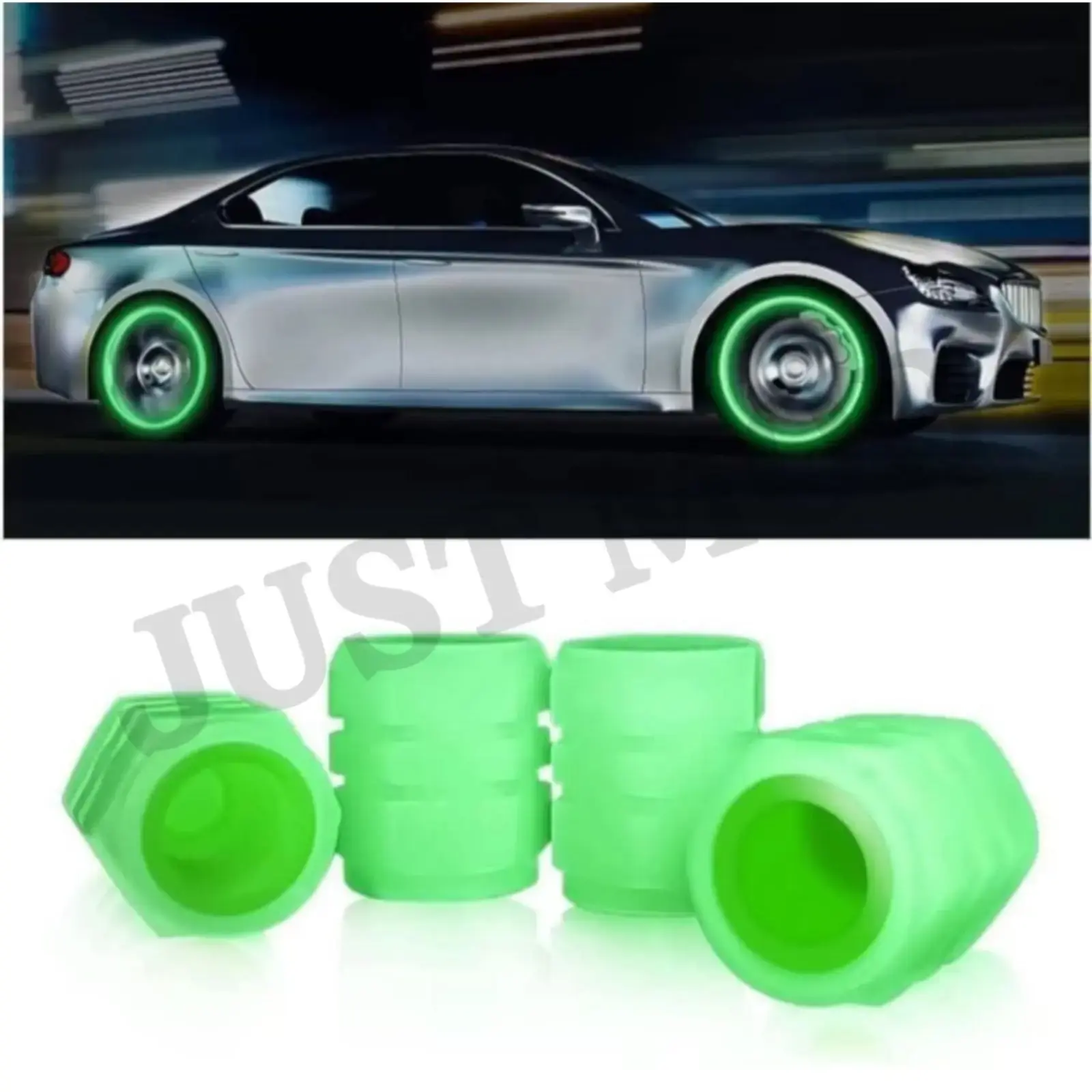 Neon Green Tyre Valve Caps – Premium Glow-in-the-Dark Radium Lights for Car Wheel Rim | Set of 4 Pieces | JUSTMOD - Image 3