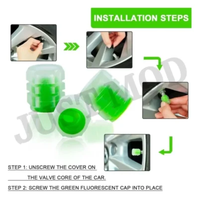 Neon Green Tyre Valve Caps – Premium Glow-in-the-Dark Radium Lights for Car Wheel Rim | Set of 4 Pieces | JUSTMOD