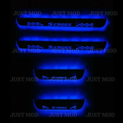 Just Mod S Cross LED Sill Plate – Premium Chrome Finish Scuff Plate Set of 4 (Blue Light)