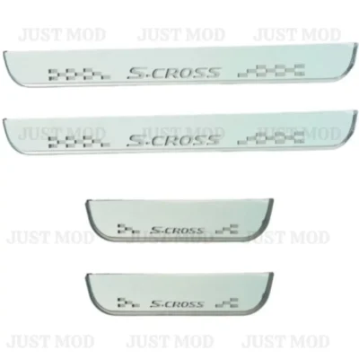 Just Mod S Cross LED Sill Plate – Premium Chrome Finish Scuff Plate Set of 4 (Blue Light)