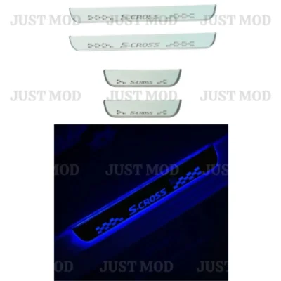 Just Mod S Cross LED Sill Plate – Premium Chrome Finish Scuff Plate Set of 4 (Blue Light)