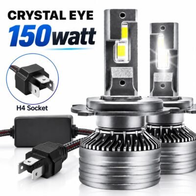 JUST MOD Crystal Eye 150W H4 LED Headlight – Ultra Bright 12000LM White Hi/Low Beam Pack of 2 ( 1 Year Warranty )