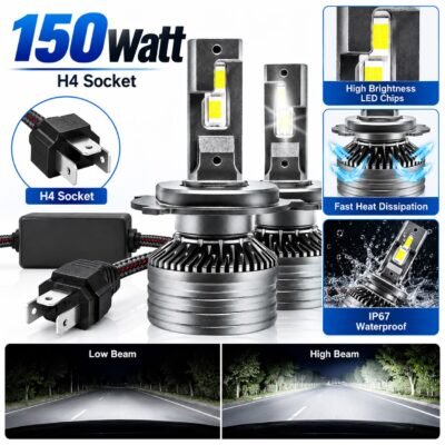 JUST MOD Crystal Eye 150W H4 LED Headlight – Ultra Bright 12000LM White Hi/Low Beam Pack of 2 ( 1 Year Warranty )