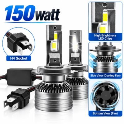 JUST MOD Crystal Eye 150W H4 LED Headlight – Ultra Bright 12000LM White Hi/Low Beam Pack of 2 ( 1 Year Warranty )