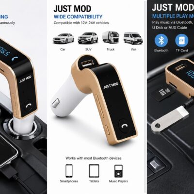 Universal Wireless Bluetooth FM Transmitter Car Kit with Hands-Free Calling, USB Charger & Stereo Music Player for Android and iPhone Devices