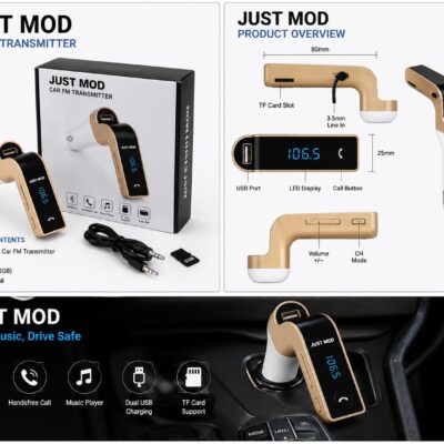 Universal Wireless Bluetooth FM Transmitter Car Kit with Hands-Free Calling, USB Charger & Stereo Music Player for Android and iPhone Devices