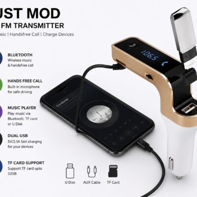 Universal Wireless Bluetooth FM Transmitter Car Kit with Hands-Free Calling, USB Charger & Stereo Music Player for Android and iPhone Devices