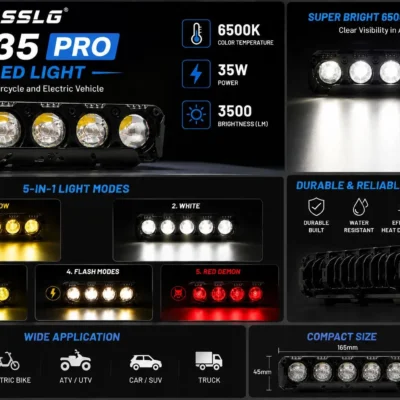 SSLG JS35 PRO 5-in-1 LED Auxiliary Light 35W 3500LM Waterproof Bike Fog Light White Yellow Flash Red (1 Pair)