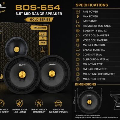 Bowstrick BOS-654 6.5″ Mid Range Speaker | 300W Max Power Car Audio Speaker (1 Pair)
