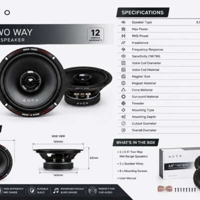 AUCO 6.5-inch 2-way mid-range speakers 1000W Max | High Performance Car Audio Speakers