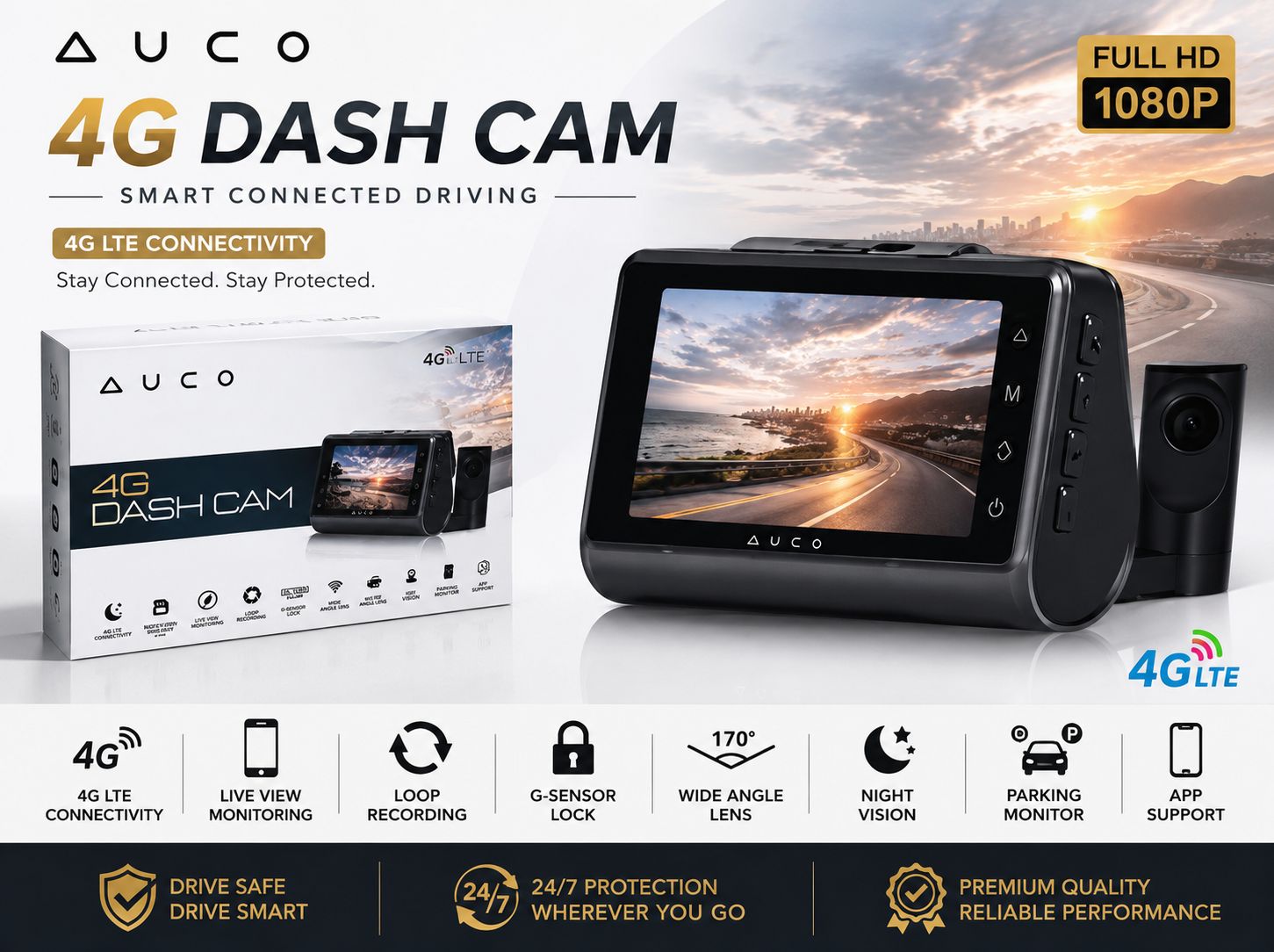 AUCO 4G LTE Dash Cam Front & Rear Camera
