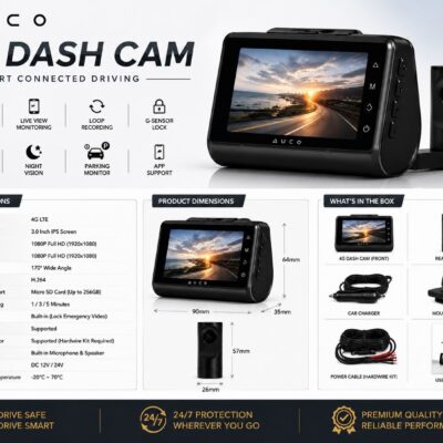 AUCO 4G LTE Dash Cam Front & Rear Camera | Full HD Smart Car DVR with GPS & Parking Monitor