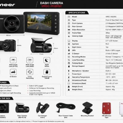 Pioneer VREC-H320SC Dual Dash Camera | Full HD 1080P Front & Rear Dash Cam with GPS