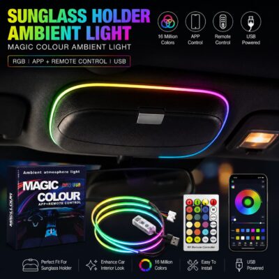Magic Light Smart Car Sunglass Holder LED Ambient Light Remote & App Control – USB Powered Multi-Color Single Strip