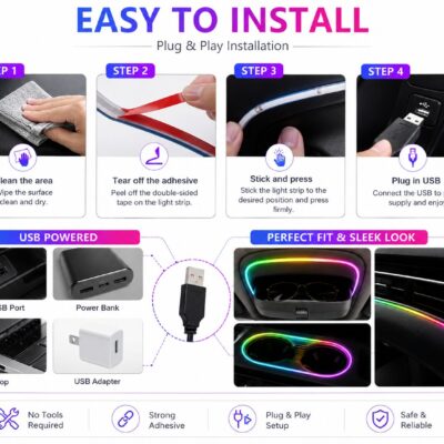 Magic Light Smart Car Sunglass Holder LED Ambient Light Remote & App Control – USB Powered Multi-Color Single Strip