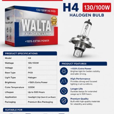 Walta Halogen Headlight Bulb 130W (High Beam) / 100W (Low Beam)- Super Bright Yellow Light ( Pack of 2 Bulb )