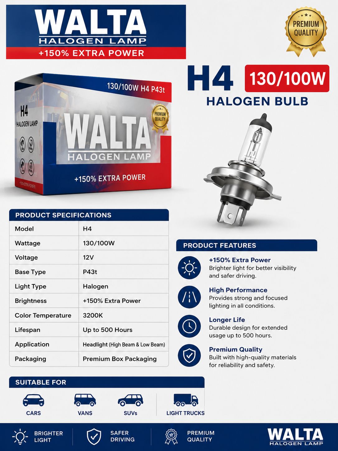 Walta Halogen Headlight Bulb 130W (High Beam) / 100W (Low Beam)- Super Bright Yellow Light ( Pack of 2 Bulb ) - Image 5