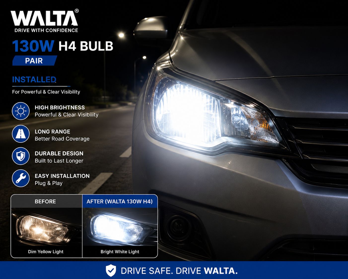 Walta Halogen Headlight Bulb 130W (High Beam) / 100W (Low Beam)- Super Bright Yellow Light ( Pack of 2 Bulb ) - Image 3