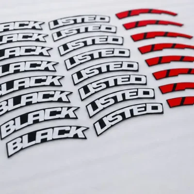 Black Listed Tyre Sticker Kit with Red Rim Stripes | Wheel Decal Set. (Pack of 8 with glue)