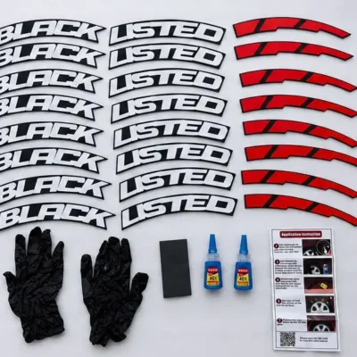 Black Listed Tyre Sticker Kit with Red Rim Stripes | Wheel Decal Set. (Pack of 8 with glue)