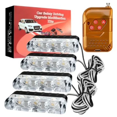 Remote Controlled Car Grill Flashers Red & Blue Led Light Strobe Lights 4-in-1 12 LED Warning Light with Wireless Remote | 12V Vehicle Safety Light