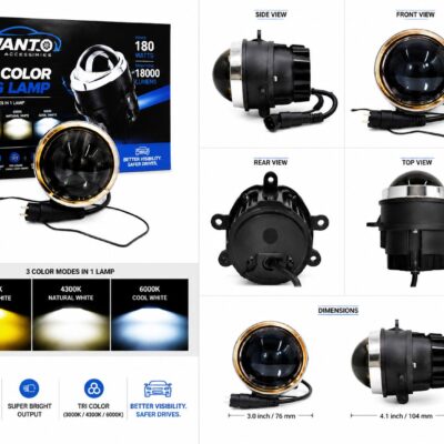 WANTO Universal 3 Inch High / Low Beam Tri Color LED Fog Lamp 180W 18000LM Waterproof Driving Light