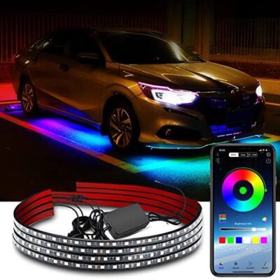 Under Body Car Chassis LED Light Kit 4PCS RGB Multicolour Waterproof Neon Underbody Lights with APP, Remote & Sound Active Control