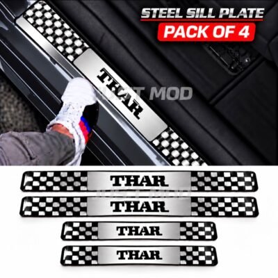 Thar Car Door Steel Welcome Sill Plate | Compatible with All Models | Glossy Chrome Finish Pack of 4
