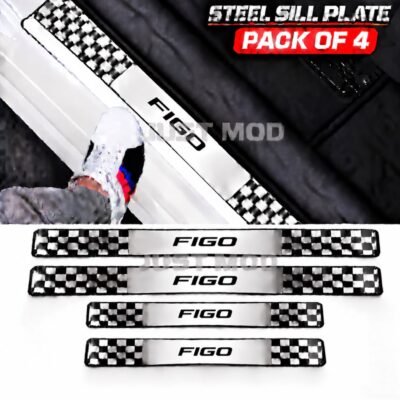 Figo Car Door Steel Welcome Sill Plate | Compatible with All Models | Glossy Chrome Finish Pack of 4