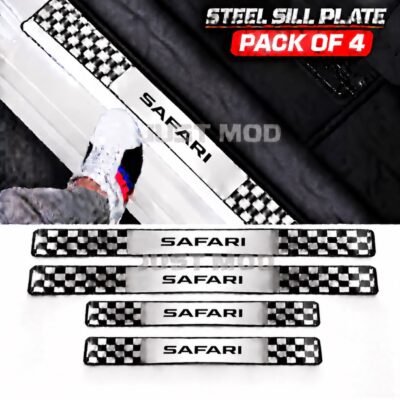 Safari Sport Car Door Steel Welcome Sill Plate | Compatible with All Models | Glossy Chrome Finish Pack of 4