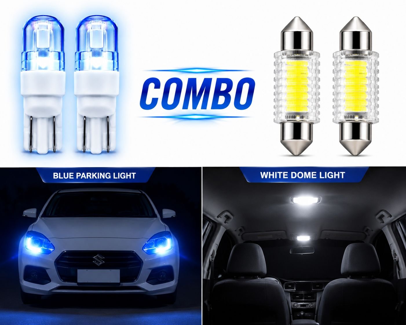 2 Blue Parking LED Bulbs and 2 White Dome LED Light