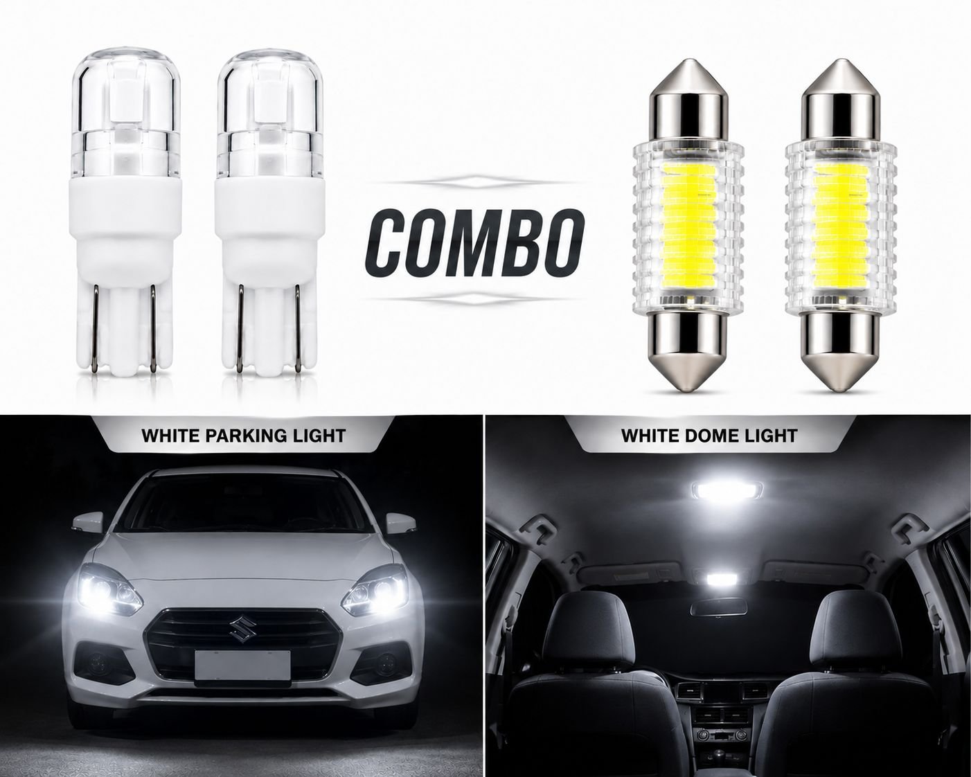 2 White Parking LED Bulbs and 2 White Dome LED Light