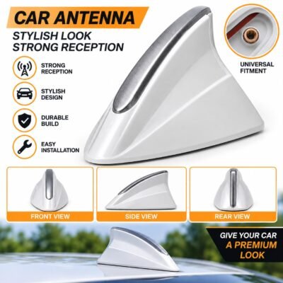 Car Shark Fin Roof Antenna Decorative Showpiece | Universal for Car (Imported Quality not made in india Product) (White with Chrome)