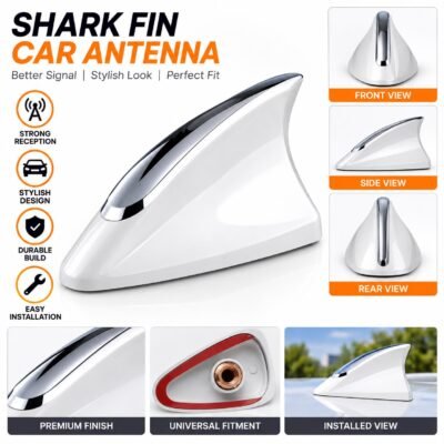 Car Shark Fin Roof Antenna Decorative Showpiece | Universal for Car (Imported Quality not made in india Product) (White with Chrome)