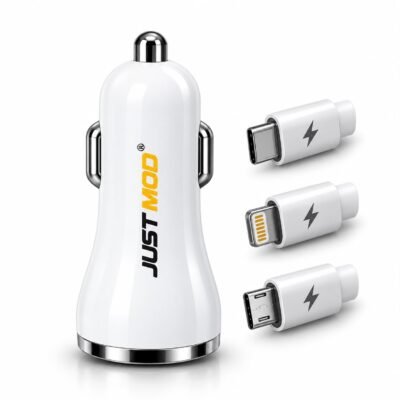 JUST MOD 20W Car Charger with 3-in-1 Cable for Apple, Type-C & Android Phones | Fast Charging Adapter