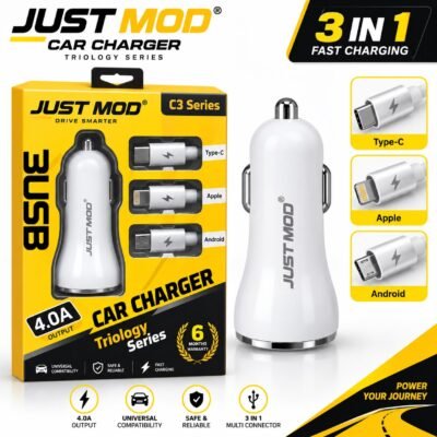 JUST MOD 20W Car Charger with 3-in-1 Cable for Apple, Type-C & Android Phones | Fast Charging Adapter