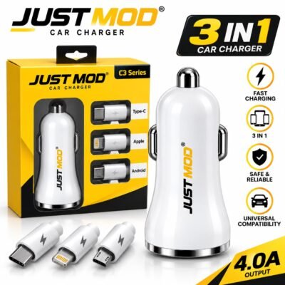 JUST MOD 20W Car Charger with 3-in-1 Cable for Apple, Type-C & Android Phones | Fast Charging Adapter