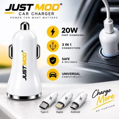 JUST MOD 20W Car Charger with 3-in-1 Cable for Apple, Type-C & Android Phones | Fast Charging Adapter