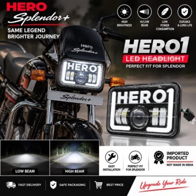 Splendor Bike Hero Logo LED Headlight Hi/Low Beam with DRL Red & Blue Flashing Light – Pack of 1