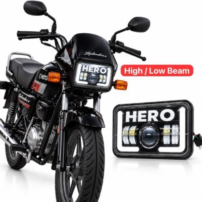 Splendor Bike Hero Logo LED Headlight Hi/Low Beam with DRL Red & Blue Flashing Light – Pack of 1