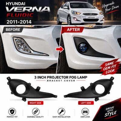 Verna Fluidic 2011-14 Fog Lamp 3 inch Bracket Cover Abs Plastic Black Pack of 2 (Projector not included)