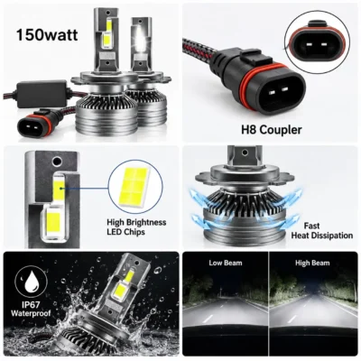 JUST MOD Crystal Eye 150W H8 LED Headlight – Ultra Bright 12000LM White Beam Pack of 2 ( 1 Year Warranty )