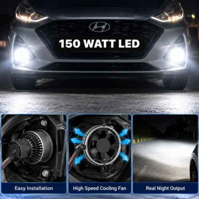 JUST MOD Crystal Eye 150W H7 LED Headlight – Ultra Bright 12000LM White Beam Pack of 2 ( 1 Year Warranty )